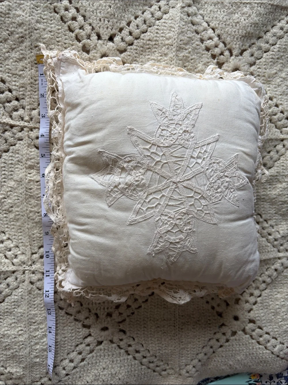 Handcrafted vintage Cream Decorative batternberg lace Pillow some yellowing